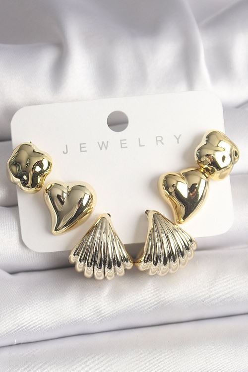 YRTCL Gold Renk Yonca Kalp Deniz Kabuğu Figür CCB Kadın Küpe Seti