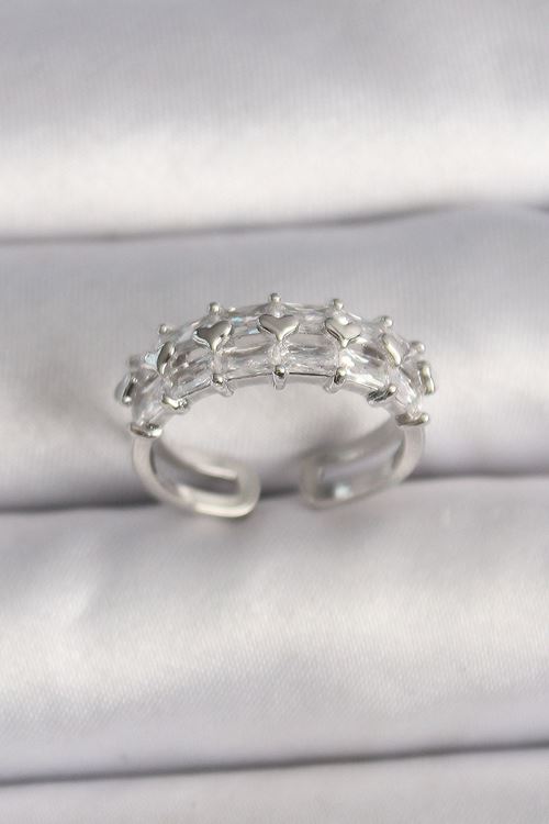 YRTCL Pirinç Gümüş Renk Zirkon Taşlı Ayarlanabilir Yüzük