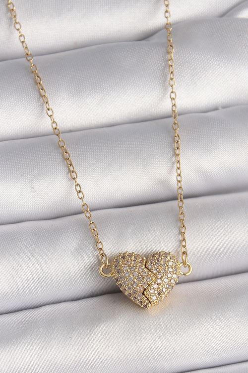 YRTCL 316L Çelik Gold Renk Zincir Zirkon Taşlı Mıknatıslı Kalp Model Kadın Kolye