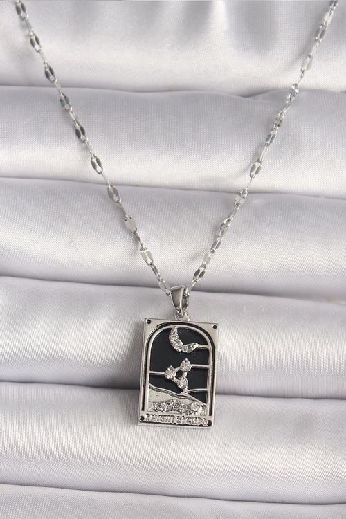 YRTCL 316L Çelik Gümüş Renk Zirkon Taşlı  Ay Figürlü Taror Model Kadın Kolye