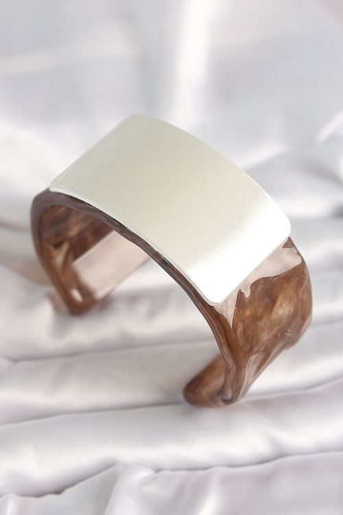 YRTCL Kahverengi Mermer Desen Akrilik Plastik Gümüş Dikdörtgen Plaka Vintage Kadın Bilezik