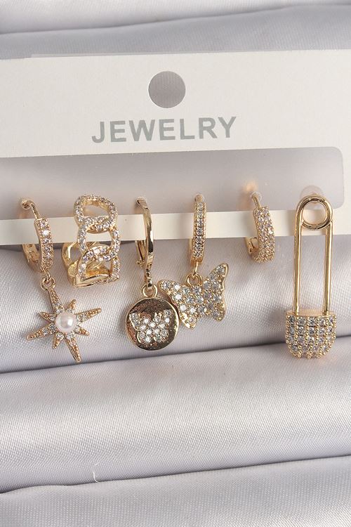 YRTCL Pirinç Gold Renk Zirkon Sallantı Zirkon Taşlı İnci Detay Kelebek Figür Kadın Küpe Seti
