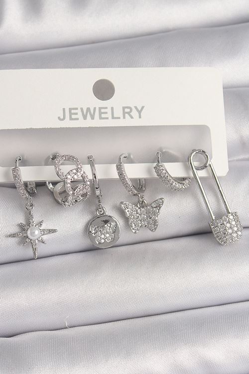 YRTCL Pirinç Gümüş Renk Sallantı Zirkon Taşlı Kelebek Figür Kadın Küpe Seti