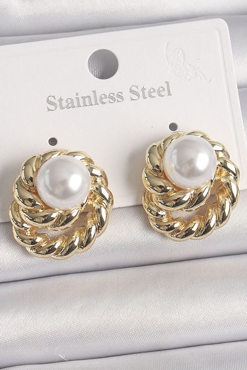 YRTCL Pirinç Gold Renk İncili Sarmal Burgu Model Kadın Küpe