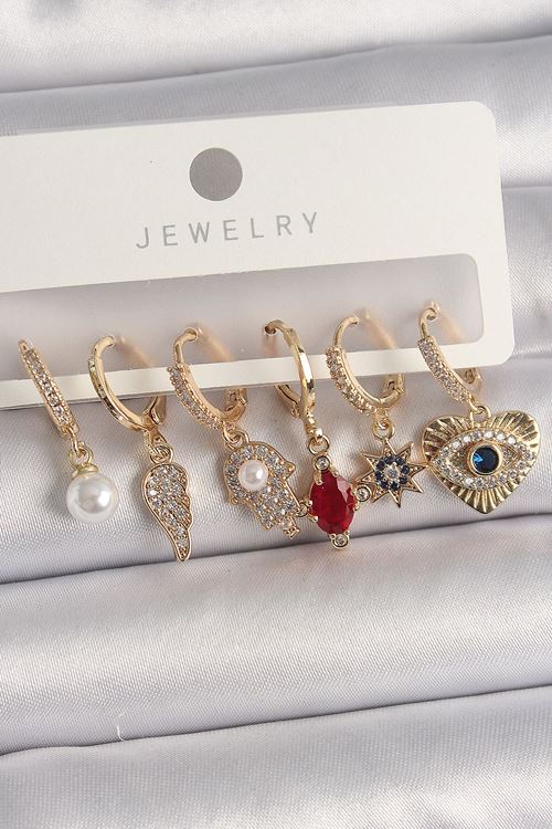 YRTCL Pirinç Gold Renk Sallantı Zirkon Taşlı Fatma Ana El Figür Kadın Küpe Seti