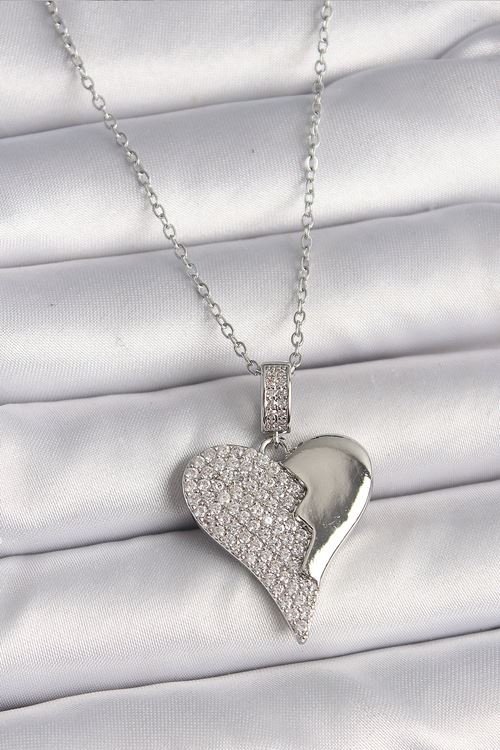 YRTCL 316L Çelik Gümüş Renk Zincir Zirkon Taşlı Kırık Kalp Model Kadın Kolye