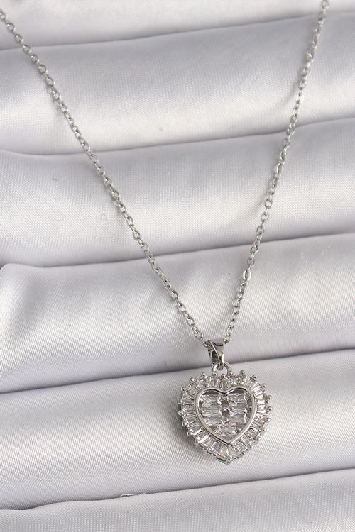 YRTCL 316L Çelik Gümüş Renk Zincir Zirkon Taşlı Kalp Model Kadın Kolye