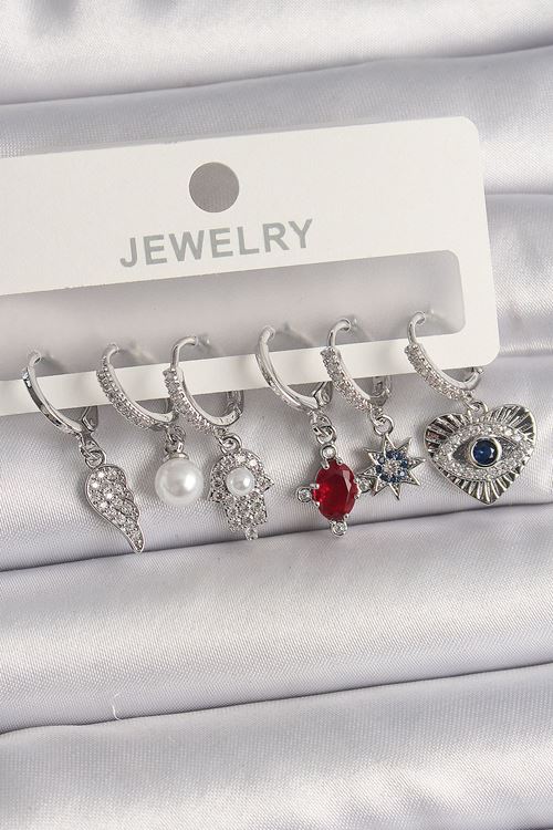 YRTCL Pirinç Gümüş Renk Sallantı Zirkon Taşlı Fatma Ana El Figür Kadın Küpe Seti