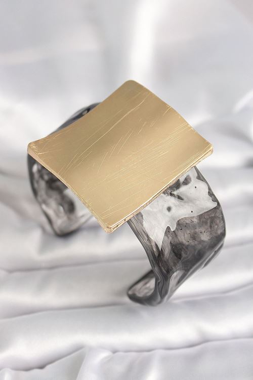 YRTCL Siyah Mermer Desen Akrilik Plastik Gold Kare Plaka Model Vintage Kadın Bilezik