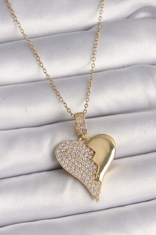 YRTCL 316L Çelik Gold Renk Zincir Zirkon Taşlı Kırık Kalp Model Kadın Kolye