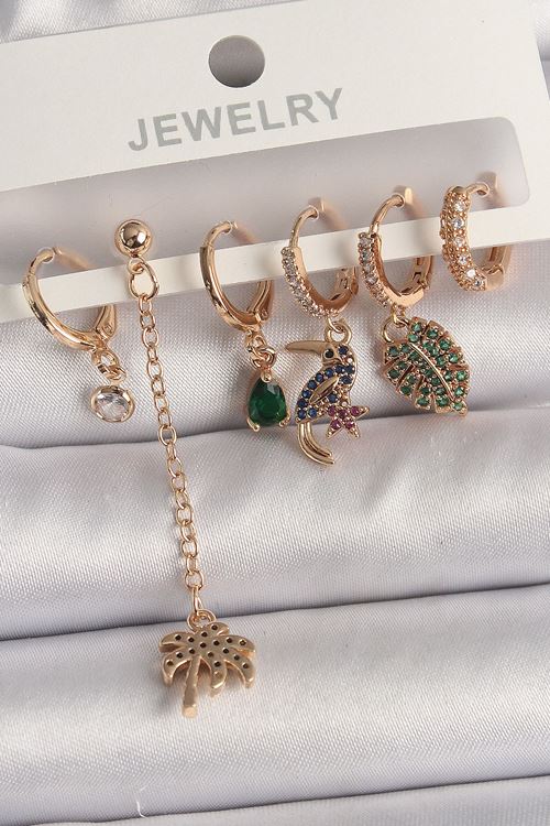 YRTCL Pirinç Gold Renk Sallantı Zirkon Taşlı Ağaç Figür Kadın Küpe Seti