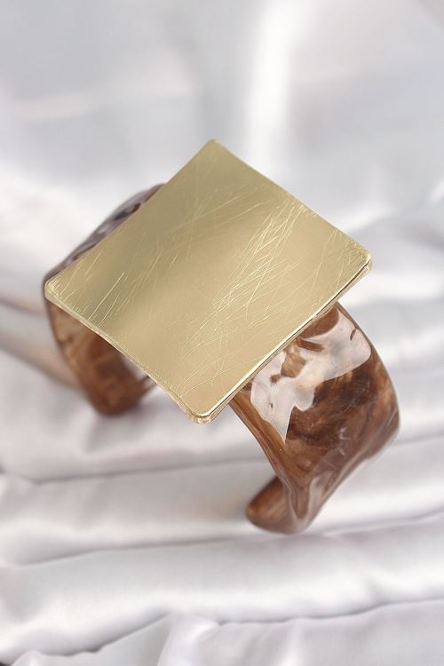 YRTCL Kahverengi Mermer Desen Akrilik Plastik Gold Kare Plaka Model Vintage Kadın Bilezik