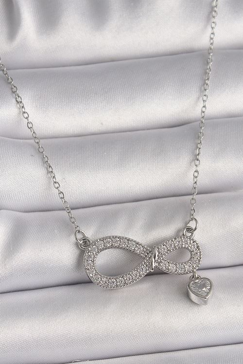YRTCL 316L Çelik Gümüş Renk Zincir Zirkon Taşlı Sonsuzluk Model Taşlı Kalp Detay Kadın Kolye
