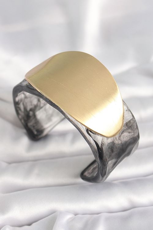 YRTCL Siyah Mermer Desen Akrilik Plastik Gold Oval Plaka Model Vintage Kadın Bilezik