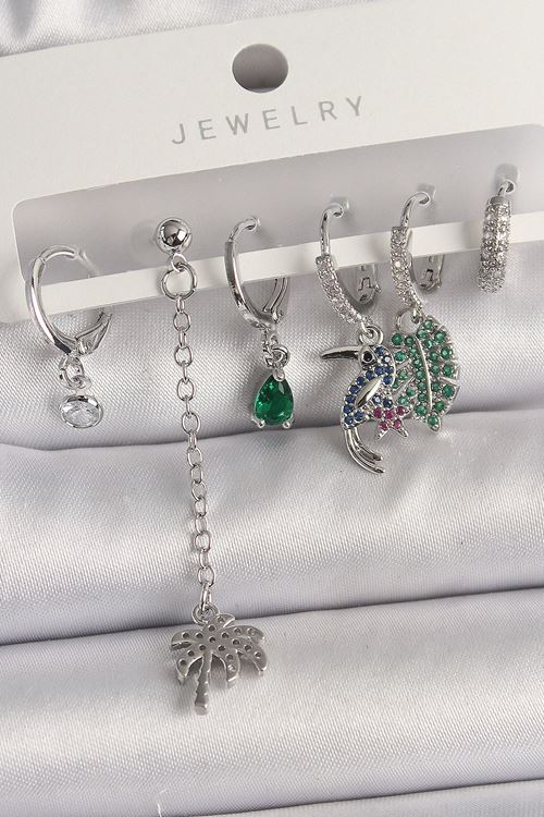 YRTCL Pirinç Gümüş Renk Sallantı Zirkon Taşlı Ağaç Figür Çoklu Kadın Küpe Seti