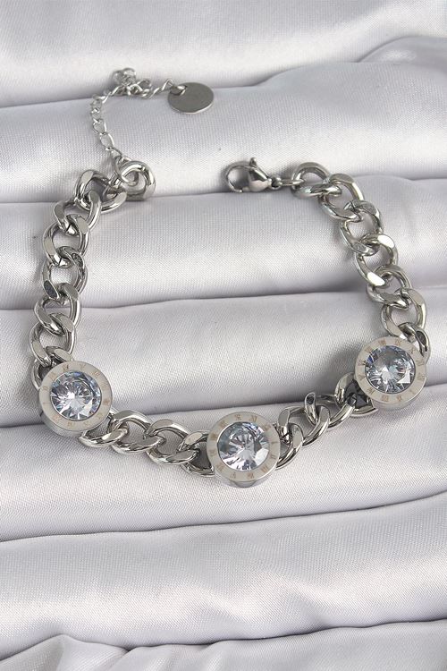 YRTCL 316L Çelik Gümüş Renk Zincir Model Zirkon Taşlı İşleme Detaylı Kadın Bileklik