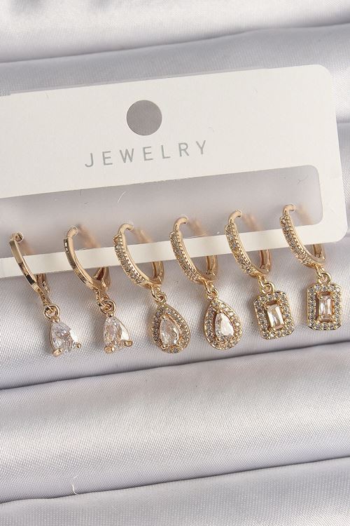 YRTCL Pirinç Gold Renk Sallantı Zirkon Taşı Damla Model Kadın Küpe Seti