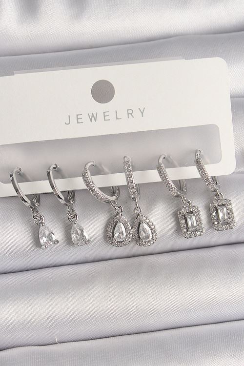 YRTCL Pirinç Gümüş Renk Sallantı Zirkon Taşlı Damla Model Kadın Küpe Seti