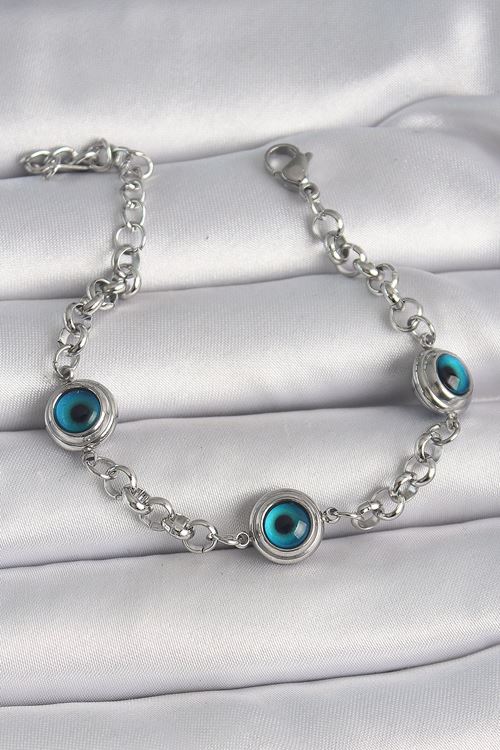 YRTCL 316L Çelik Gümüş Renk Zincir Model Nazar Boncuklu Kadın Bileklik