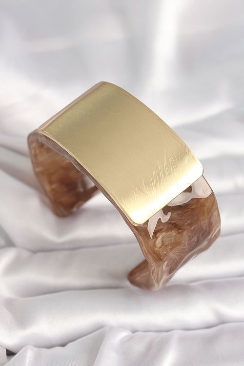 YRTCL Kahverengi Mermer Desen Akrilik Platik Gold Dikdörtgen Plaka Model Vintage Kadın Bilezik