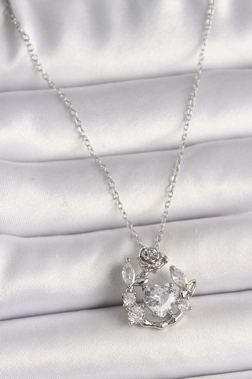 YRTCL 316L Çelik Gümüş Renk Zincir Zirkon Taşlı Kalp Figür Gül Detay Kadın Kolye