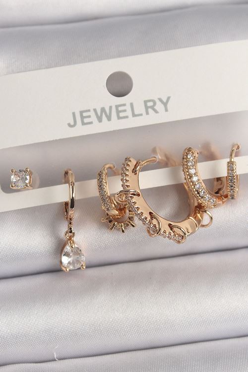 YRTCL Pirinç Gold Renk Sallantı Zirkon Taşlı Halka Model Damla Zirkon Taş Detay Çoklu Kadın Küpe Seti