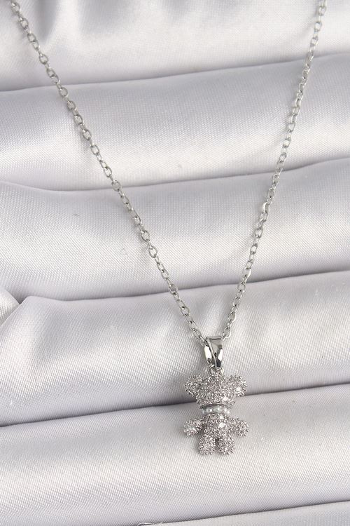 YRTCL 316L Çelik Gümüş Renk Zincir Zirkon Taşlı Ayıcık Figür Kadın Kolye