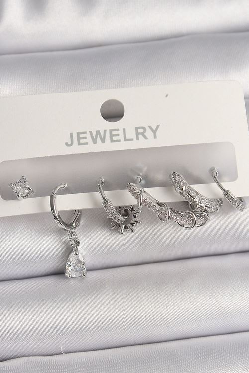 YRTCL Pirinç Gümüş Renk Sallantı Zirkon Taşlı Halka Model Damla Taş Detay Kadın Küpe Seti