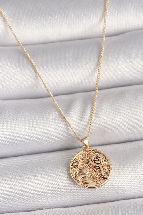 YRTCL Pirinç Gold Renk Zirkon Taş Detaylı Gül İşleme Madalyon Model Kadın Kolye