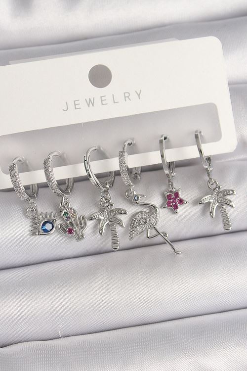 YRTCL Pirinç Gümüş Renk Sallantı Zirkon Taşlı Deve Kuşu Figür Çoklu Kadın Küpe Seti