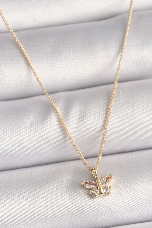 YRTCL Pirinç Gold Renk Zirkon Taşlı Kelebek Model Kadın Kolye