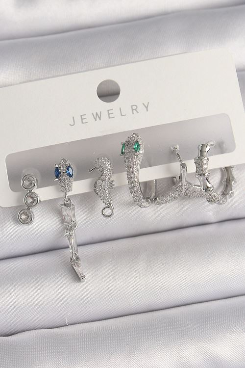 YRTCL Pirinç Gümüş Renk Sallantı Zirkon Taşlı Yılan Model Kadın Küpe Seti