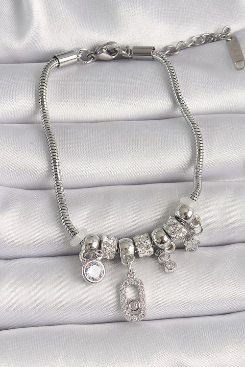 YRTCL Pirinç Gümüş Renk Zincir Sallantı Zirkon Taşlı Messika Figür Yıldız Detay Kadın Bileklik