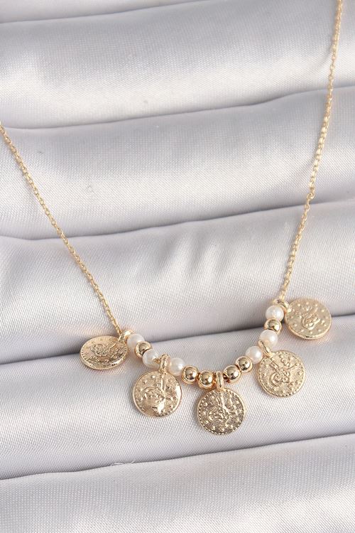 YRTCL Pirinç Gold Renk 5'Li Osmanlı Tuğra Figür İnci Detay Kadın Kolye