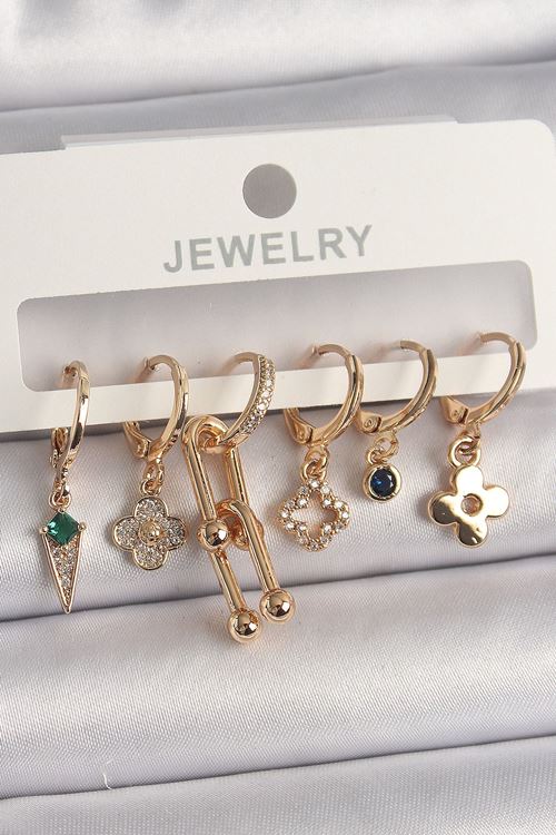 YRTCL Pirinç Gold Renk Çoklu Figür Kadın Küpe Seti