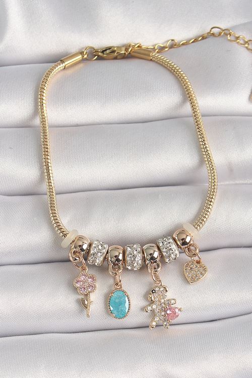 YRTCL Pirinç Gold Renk Zincir Sallantı Zirkon Taşlı Ayıcık Figür Çiçek Detay Kadın Bileklik