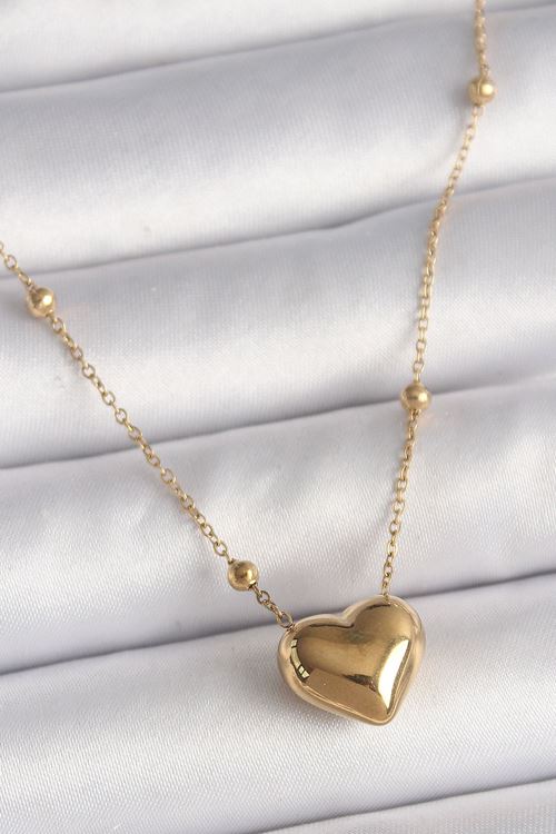 YRTCL 316L Çelik Gold Renk Topçuk Detaylı Zincir Kalp Model Kadın Kolye