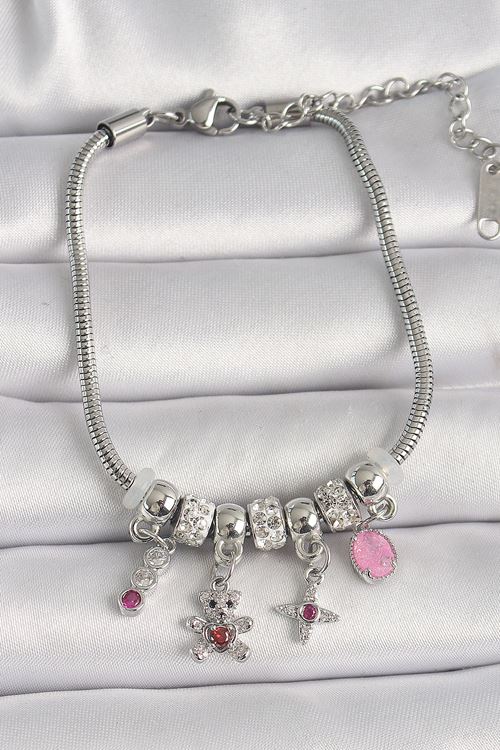 YRTCL Pirinç Gümüş Renk Zincir Sallantı Zirkon Taşlı Ayıcık Figür Yıldız Detay Kadın Bileklik