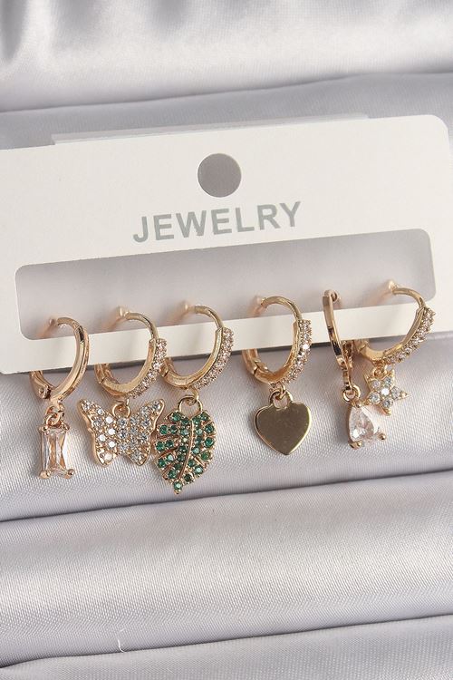 YRTCL Pirinç Gold Renk Renkli Kelebek Figür Çoklu Figür Kadın Küpe Seti