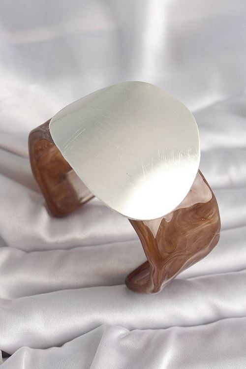 YRTCL Kahverengi Mermer Desen Akrilik Plastik Gümüş Plaka Model Vintage Kadın Bilezik