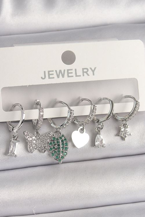 YRTCL Pirinç Gümüş Renk Zirkon Taşlı Çoklu Figür Kadın Küpe Seti