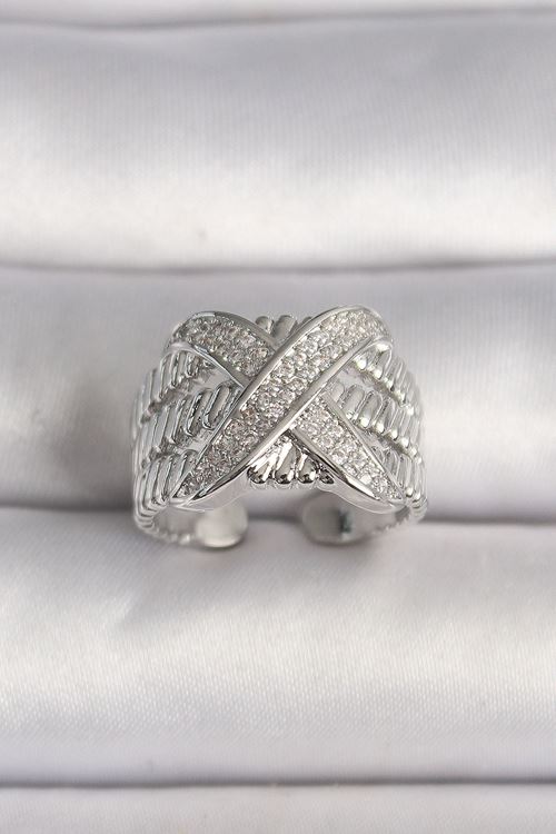 YRTCL Pirinç Gümüş Renk Ayarlanabilir Zirkon Taşlı X Model Kadın Yüzük