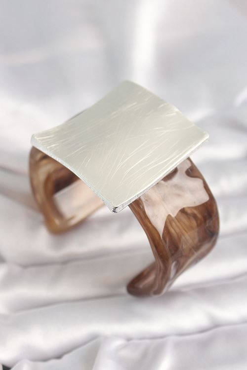 YRTCL Kahverengi Mermer Desen Akrilik Plastik Gümüş Kare Plaka Model Vintage Kadın Bilezik