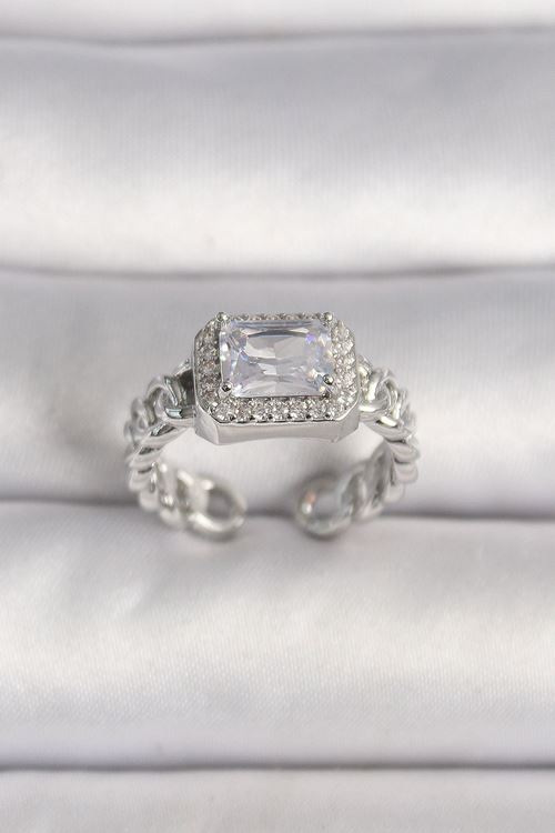 YRTCL Pirinç Gümüş Renk Ayarlanabilir Zincir Kare Zirkon Taşlı Kadın Yüzük