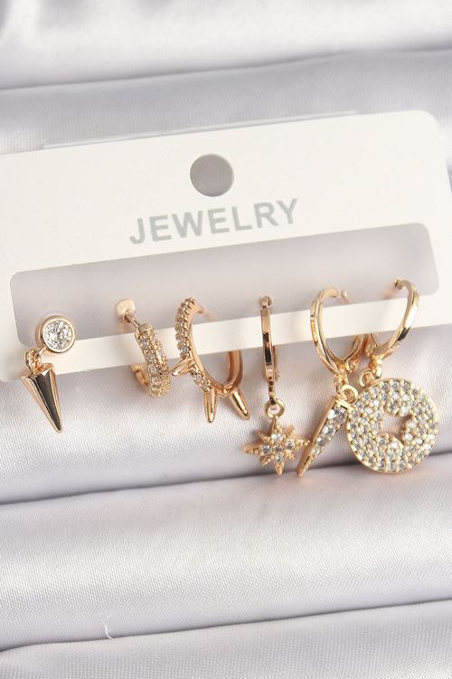 YRTCL Pirinç Gold Renk Zirkon Taşlı Çoklu Figür Kadın Küpe Seti