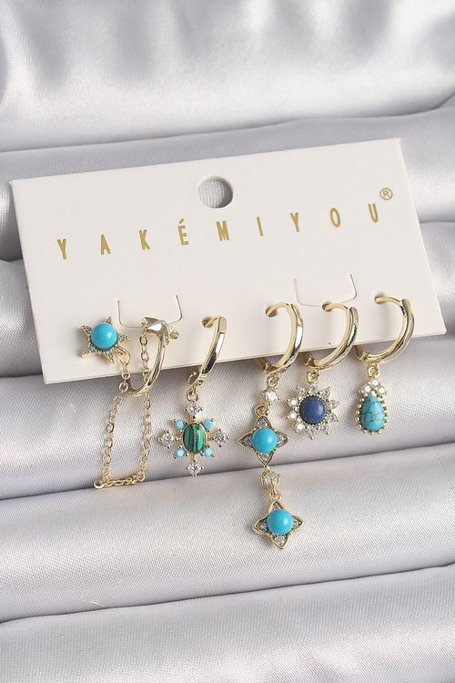 YRTCL Pirinç Gold Renk Zirkon Taşlı Mavi Boncuklu Çiçek Model VIP Seri Kadın Küpe Kombini