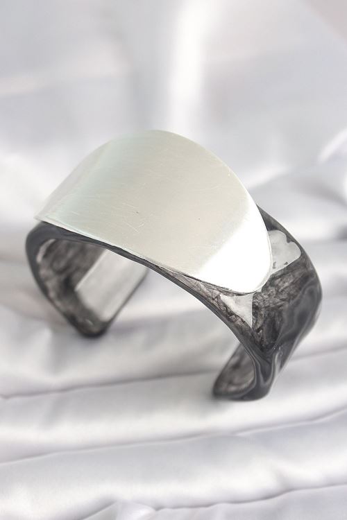 YRTCL Siyah Mermer Desen Akrilik Plastik Gümüş Oval Plaka Model Vintage Kadın Bilezik