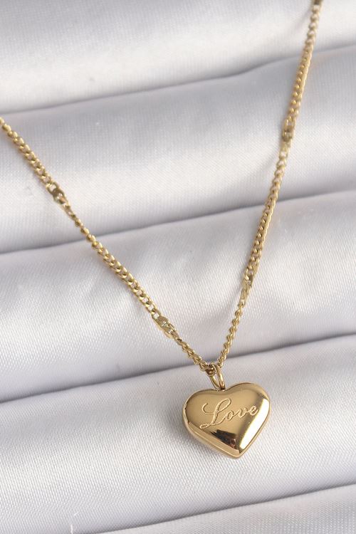 YRTCL 316L Çelik Gold Renk Zincir Love İşlemeli Kalp Figür Kadın Kolye
