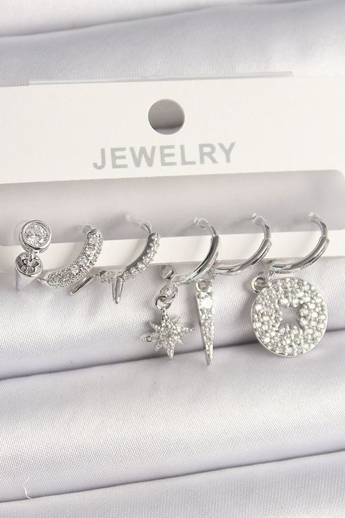 YRTCL Pirinç Gümüş Renk Zirkon Taşlı Çoklu Figür Kadın Küpe Seti