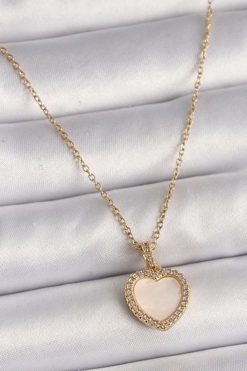 YRTCL 316L Çelik Gold Renk Zincir Zirkon Taşlı Beyaz Mineli Kalp Model Kadın Kolye